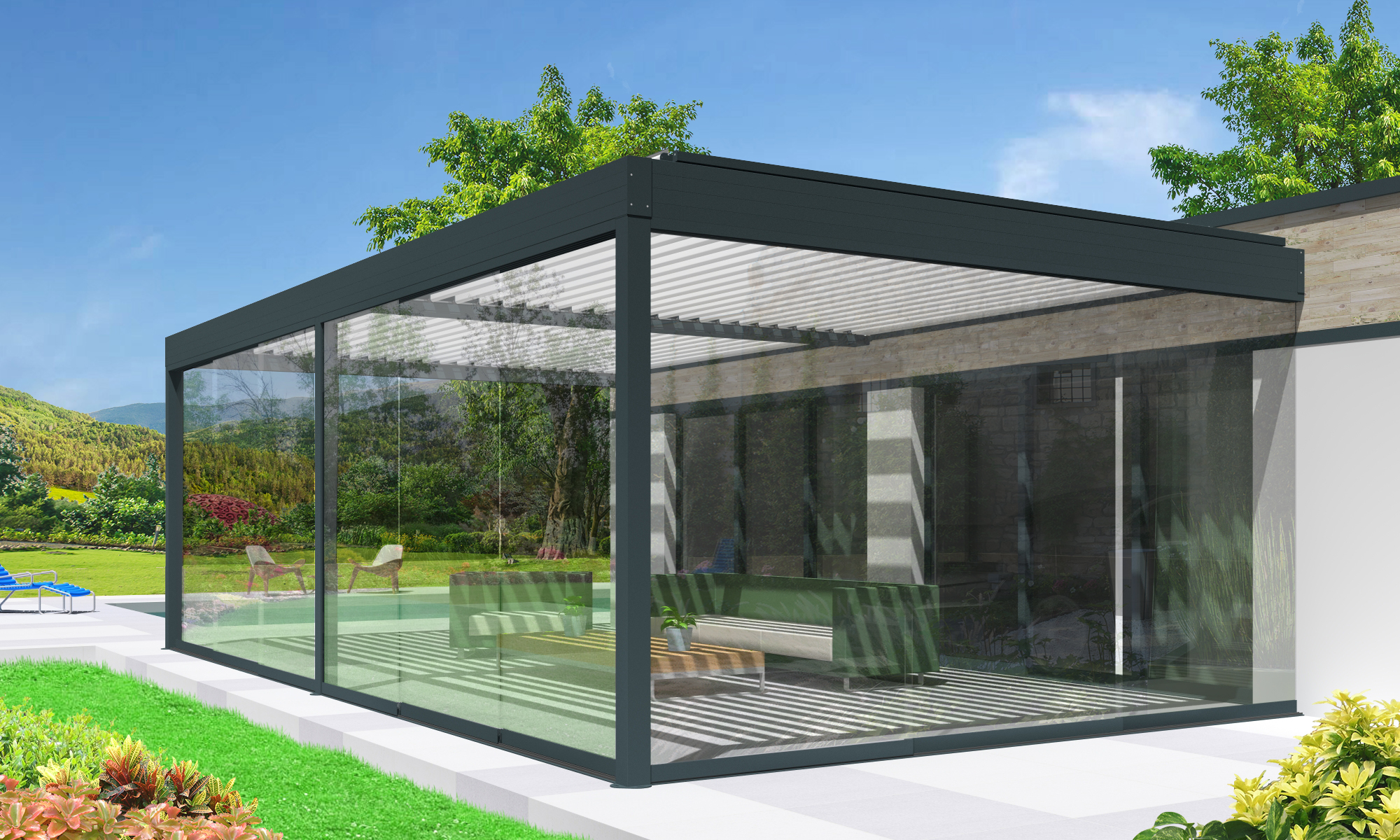 Verre coulissant pergola bioclimatique